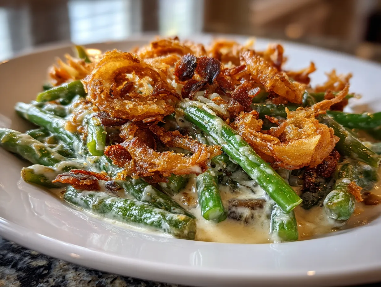 Loaded Green Bean Casserole on a Festive Table