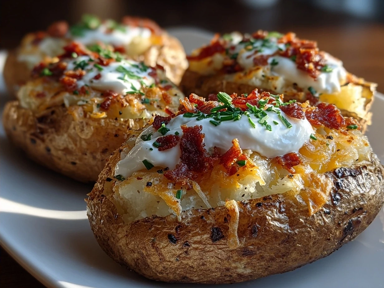 Two loaded baked potatoes on a plate with toppings.