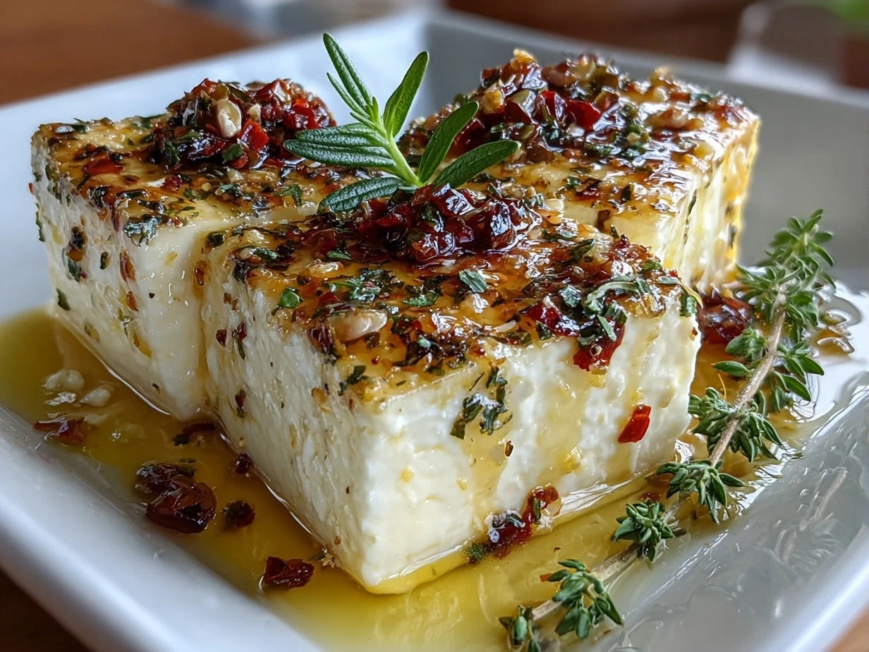 Marinated cheese served with crusty bread, garnished with herbs