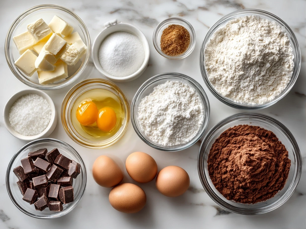 Ingredients for making heart-shaped cupcakes, including flour, sugar, butter, eggs, and vanilla extract.