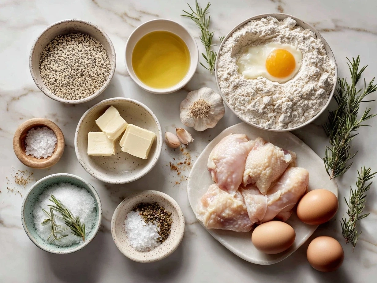 Ingredients for poppy seed chicken casserole including cooked chicken, cream of chicken soup, sour cream, mayonnaise, poppy seeds, Ritz crackers, and butter.