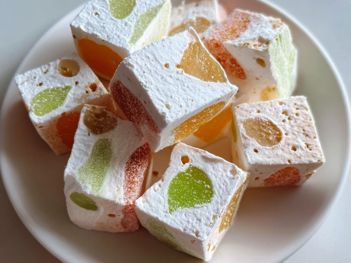 Finished Old-Fashioned Gumdrop Nougat Candy cut into squares and dusted with powdered sugar.