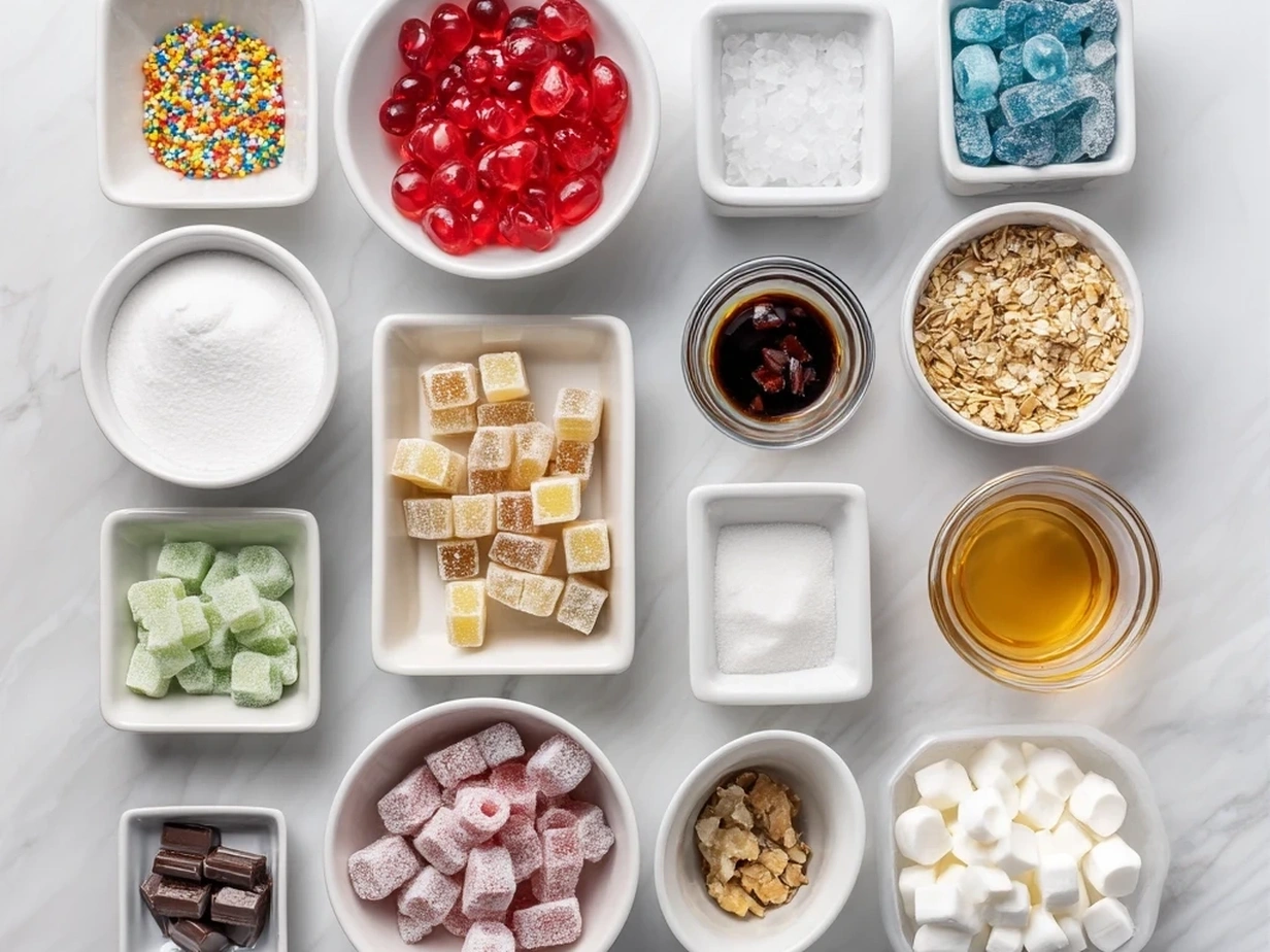 Ingredients for Old-Fashioned Gumdrop Nougat Candy: sugar, corn syrup, water, egg whites, salt, vanilla extract, gumdrops, and powdered sugar.