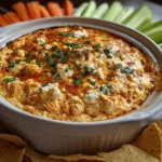 Overhead shot of Slow Cooker Buffalo Chicken Dip in a crockpot, surrounded by tortilla chips and celery sticks