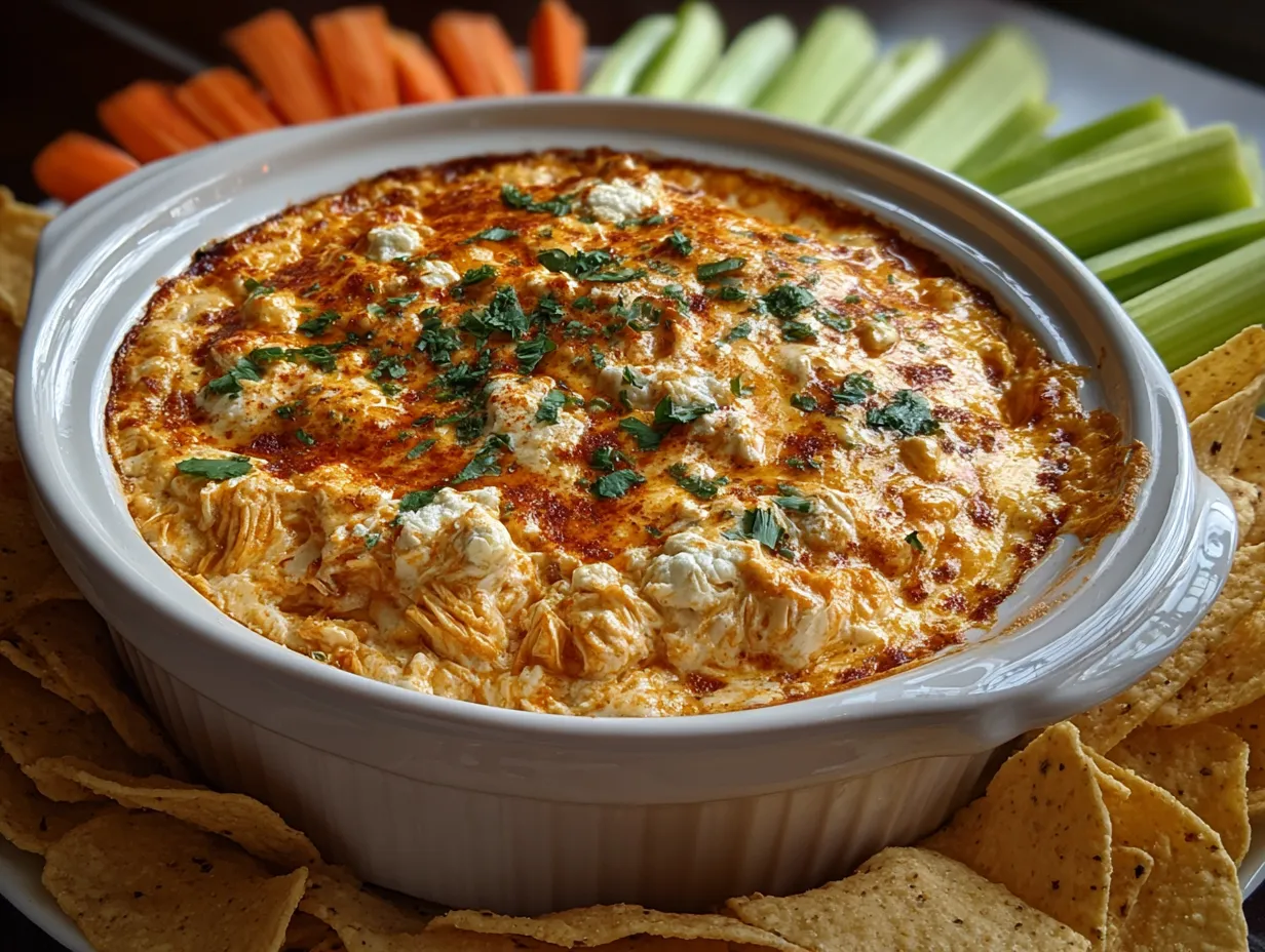 Overhead shot of Slow Cooker Buffalo Chicken Dip in a crockpot, surrounded by tortilla chips and celery sticks