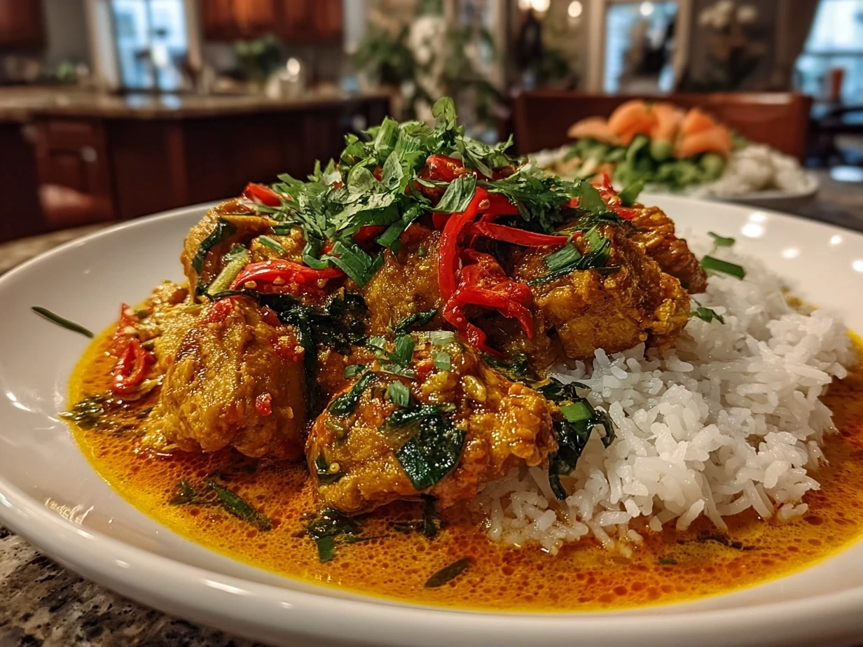Overhead Shot of Thai Red Curry Chicken in Bowl