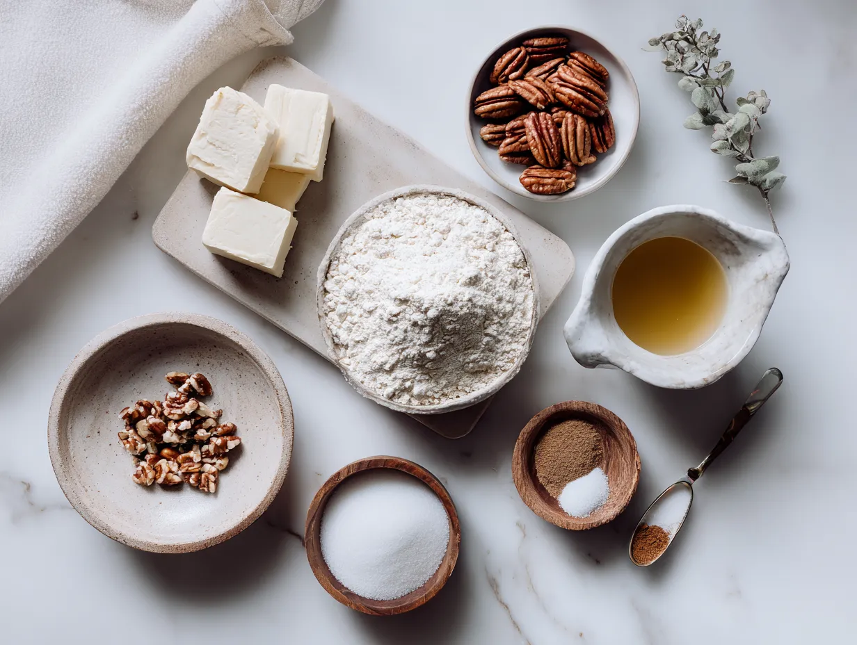 Ingredients needed for Pecan Pie Cheesecake Bars including graham crackers, butter, sugar, cream cheese, eggs, vanilla, brown sugar, corn syrup, heavy cream and pecans.