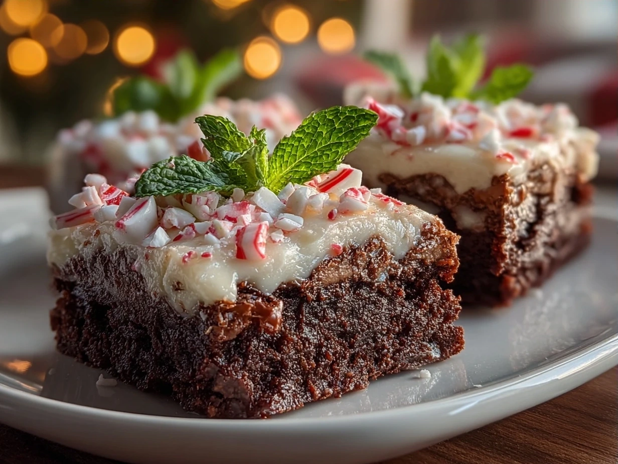 Finished Peppermint Bark Brownies drizzled with white chocolate and sprinkled with crushed peppermint candies.