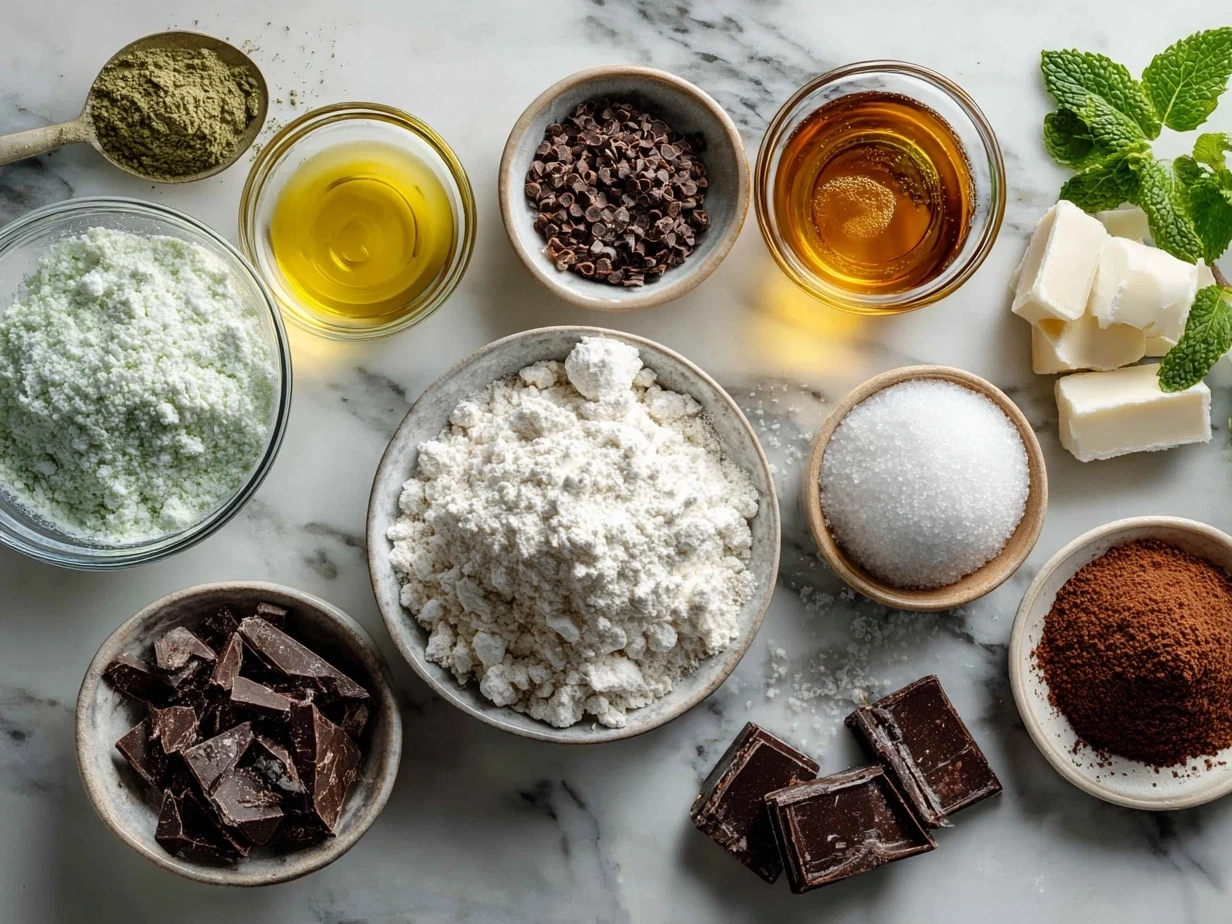 Ingredients for Peppermint Bark Brownies including butter, sugar, cocoa powder, eggs, flour, chocolate chips and peppermint candies.