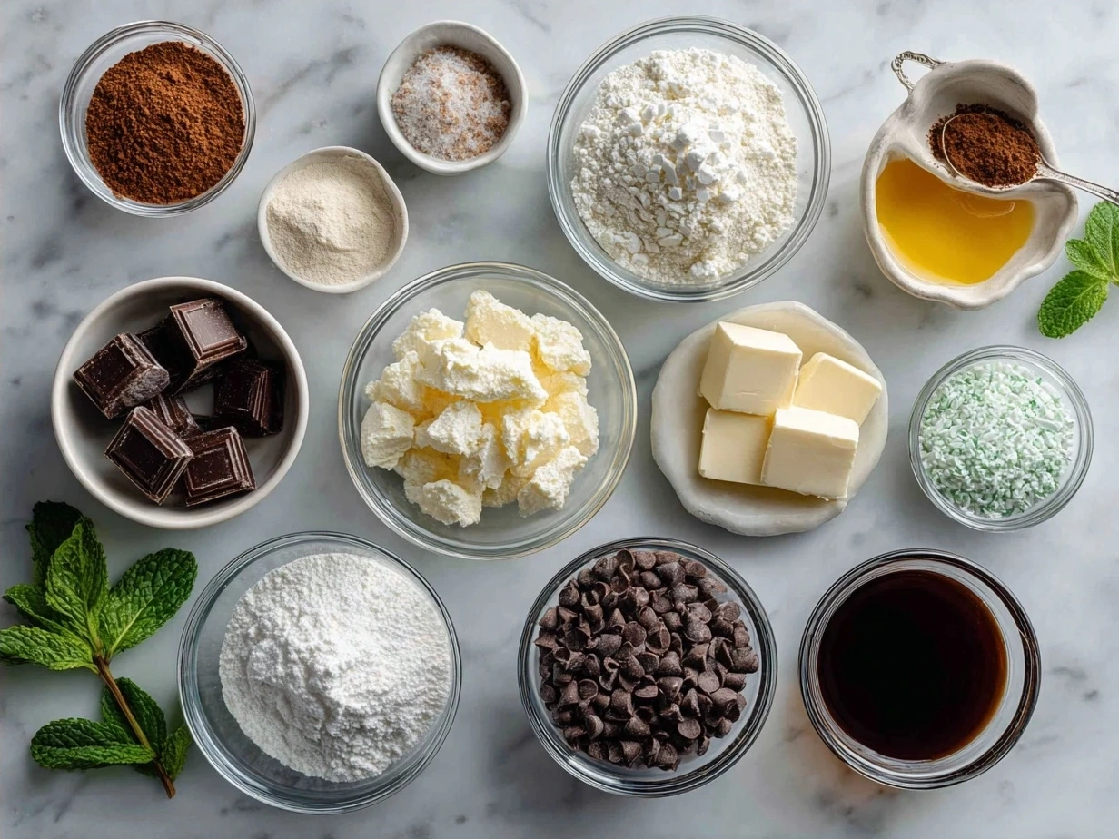 Ingredients for Peppermint Meltaway Cookies including butter, cream cheese, sugar, peppermint candies, and flour
