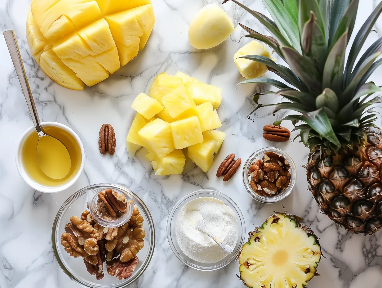 Ingredients for making pineapple pecan cheese ball: cream cheese, crushed pineapple, pecans, green onions, garlic powder, salt, and pepper.