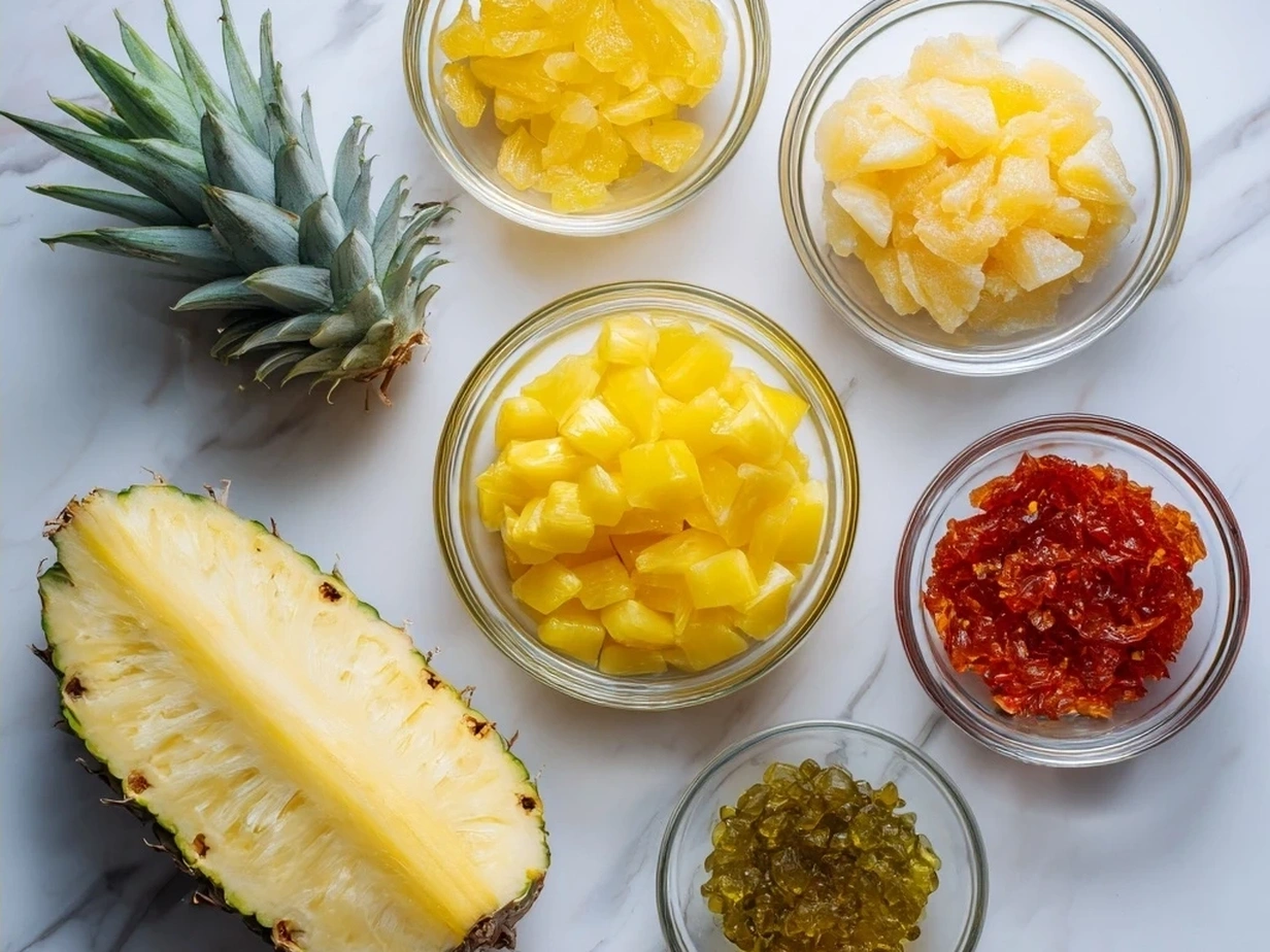 Ingredients for Pineapple Cowboy Candy including fresh pineapple, jalapenos, and spices