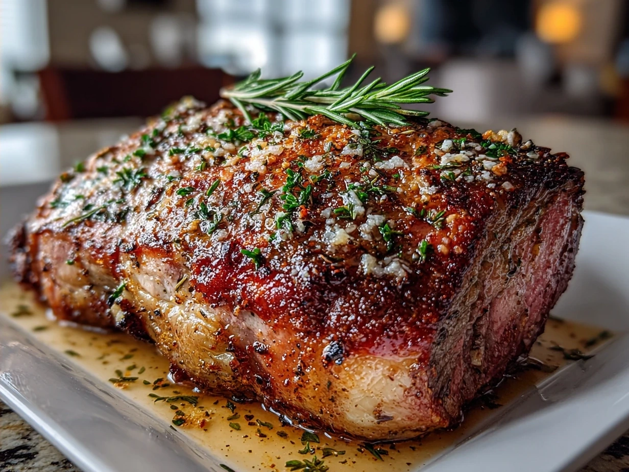 Beautifully carved prime rib roast slices with au jus, ready to serve as a comforting family meal.