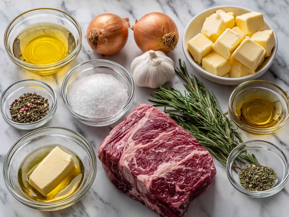 Ingredients for a comforting prime rib roast recipe, including fresh herbs, garlic, and a standing rib roast.