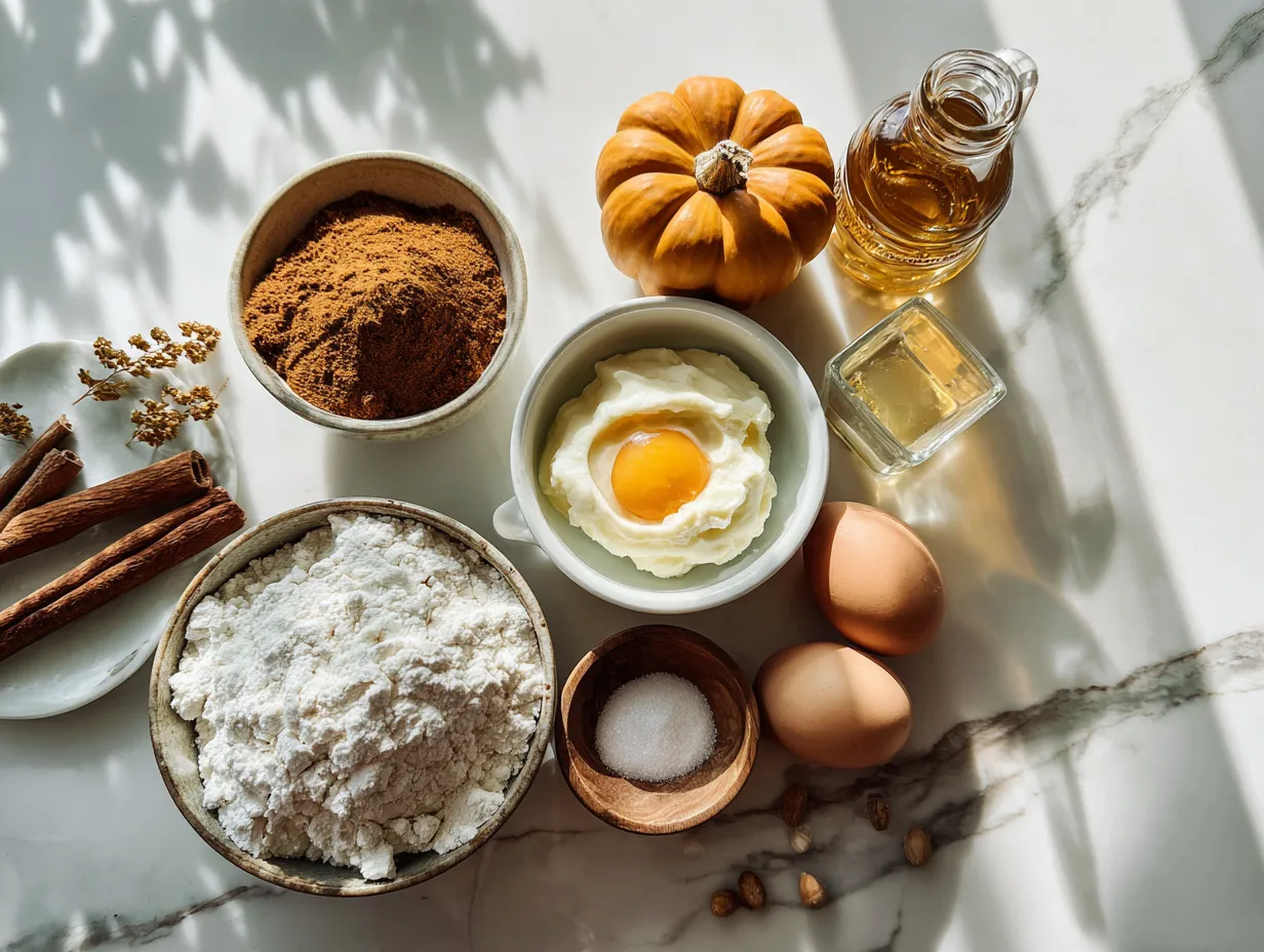 All the ingredients needed to make a delicious Pumpkin Cheesecake, including graham crackers, pumpkin puree, and spices