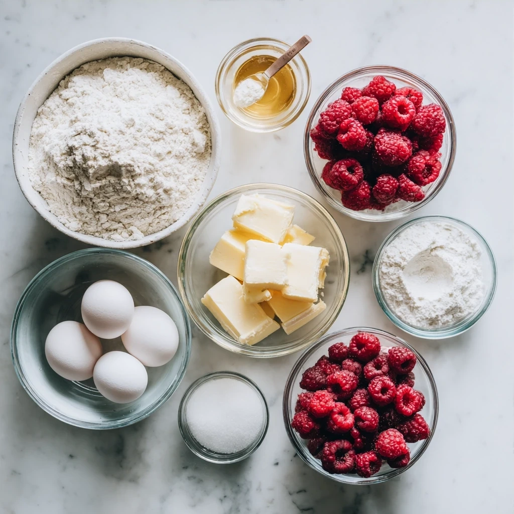 All the ingredients you need for a delicious Raspberry Swirl Brioche Loaf, including flour, sugar, yeast, and raspberry jam.