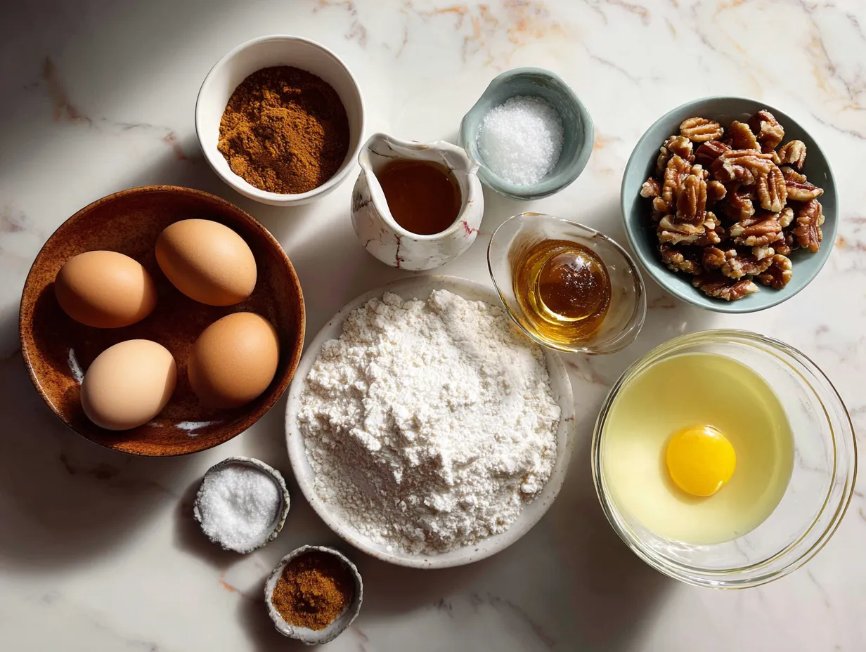 Raw ingredients for a Caramel Apple Upside-Down Cake arranged on a wooden surface.