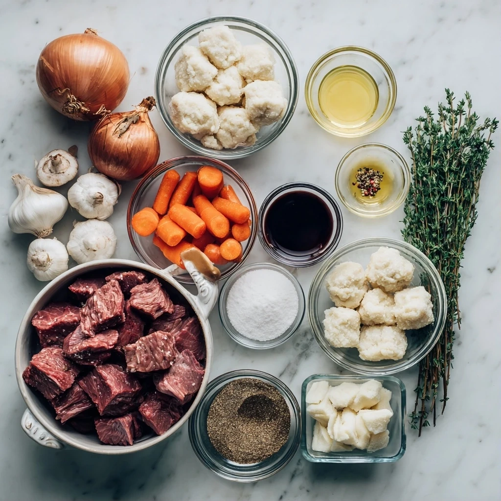 Raw ingredients for homemade beef stew and dumplings, including beef chuck, vegetables, and herbs.