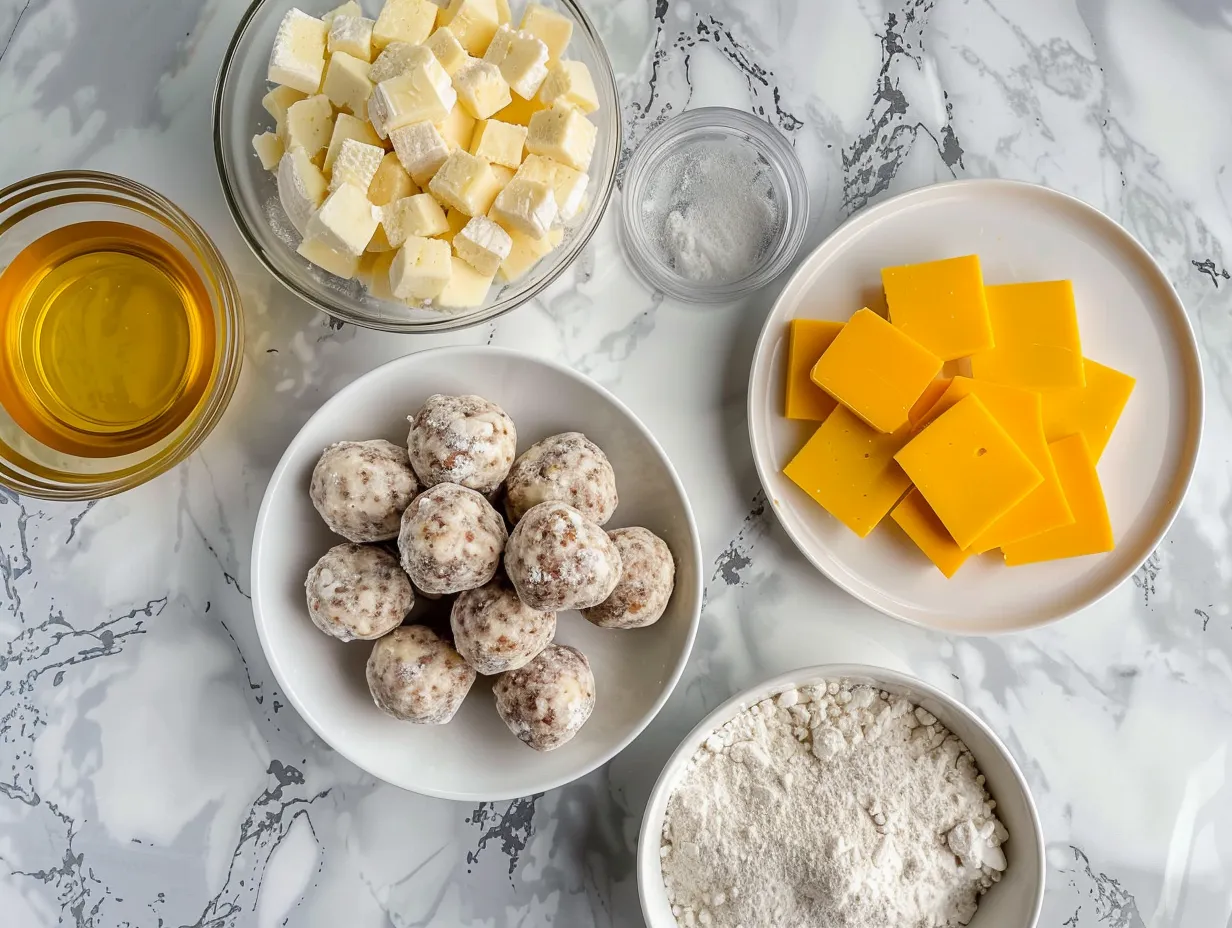 Raw ingredients for Bisquick Sausage Balls, including Bisquick mix, breakfast sausage, shredded cheddar cheese, and milk, arranged on a white marble surface.