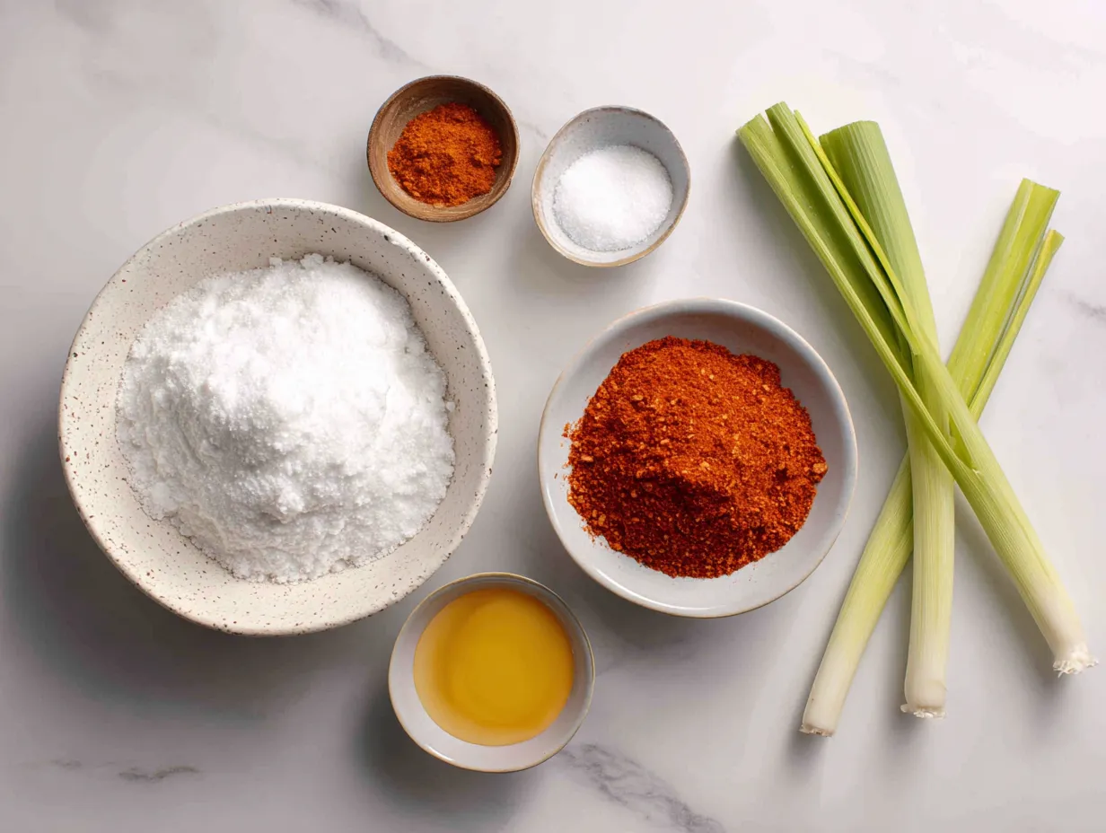 Ingredients for Buffalo Chicken Dip: shredded chicken, cream cheese, buffalo sauce, ranch dressing, blue cheese dressing, cheddar cheese, and green onions.