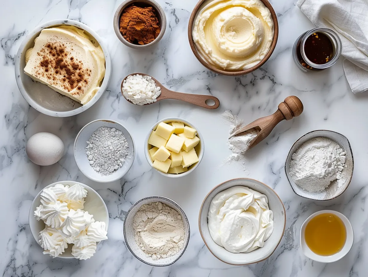 The raw ingredients for making Cheesecake with Pumpkin Swirl including graham crackers, butter, sugar, cream cheese, pumpkin puree, and spices.