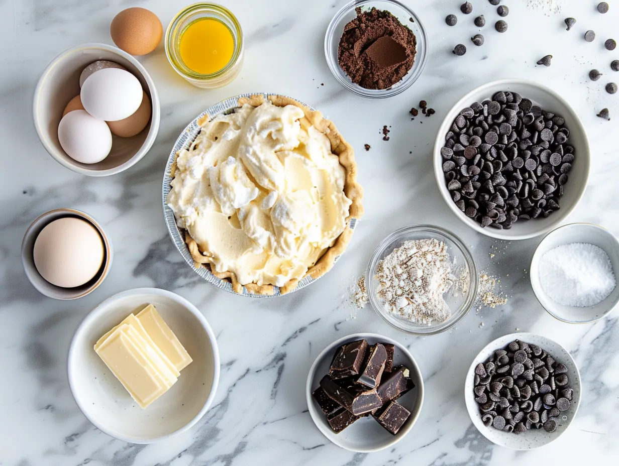 Ingredients needed for Chocolate Chip Cannoli Pie, including ricotta cheese, cream cheese, powdered sugar, vanilla extract, cinnamon, chocolate chips, and a graham cracker crust.