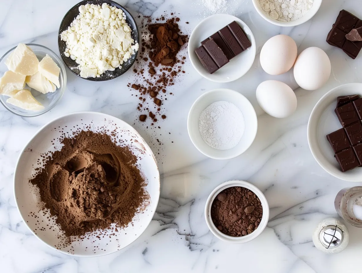 Ingredients for making Chocolate Mousse Cake: Oreos, butter, chocolate chips, cream, sugar, and vanilla extract.