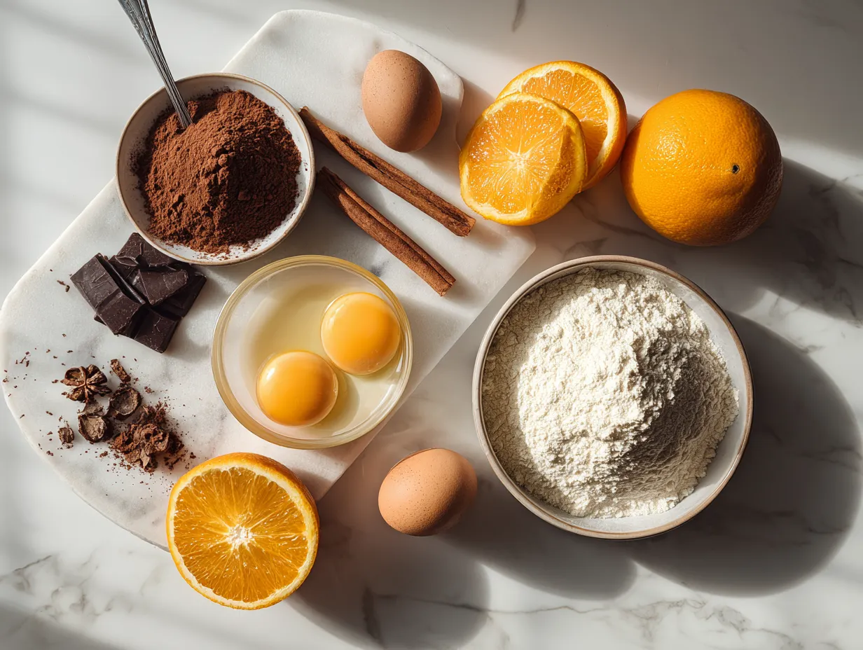 Ingredients for making Chocolate Orange Cheesecake: chocolate cookies, butter, cream cheese, sugar, oranges, chocolate, vanilla, and eggs.