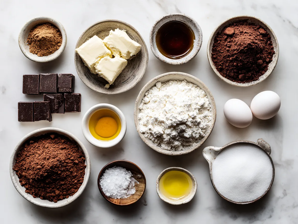 Raw ingredients for making Old Fashioned Chocolate Pie on a wooden surface, including cocoa powder, sugar, and eggs.