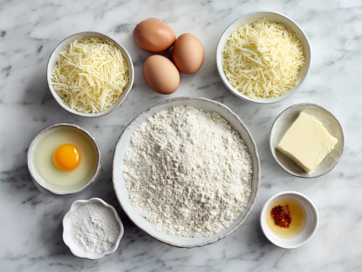 Ingredients for copycat cracker barrel hashbrown casserole laid out on a white marble surface
