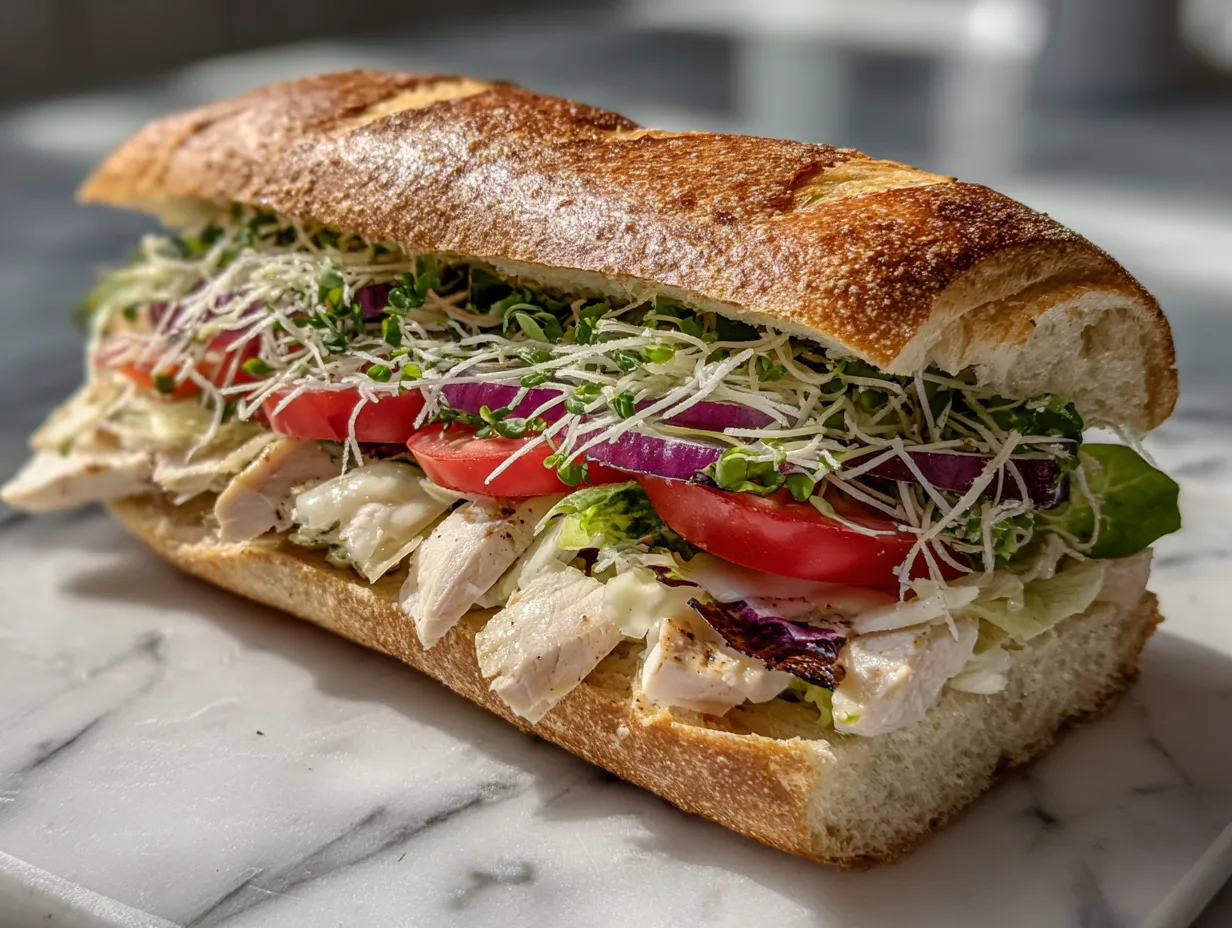 Raw ingredients needed to make a Crispy Chicken Caesar Sandwich, including chicken breasts, lettuce, and dressing.