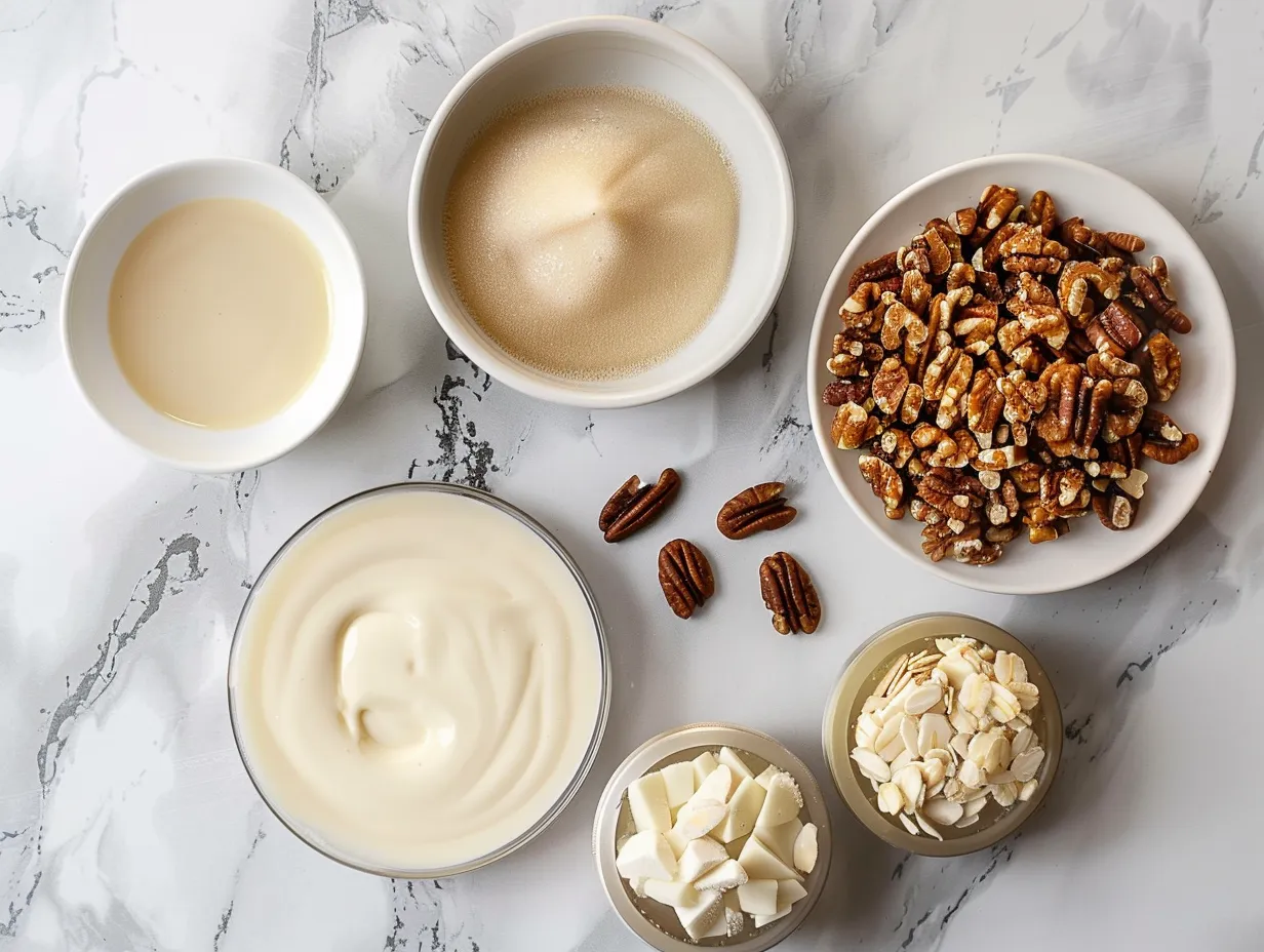 Ingredients for Custard Pie with Praline Sauce, including eggs, cream, sugar, butter, pecans, and vanilla.