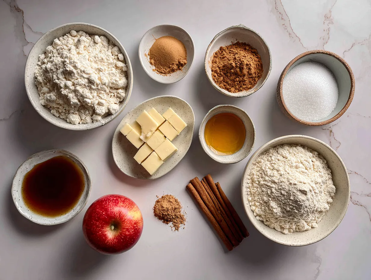 Raw ingredients for making a Dutch Caramel Apple Pie, including apples, flour, butter, sugar, and spices.