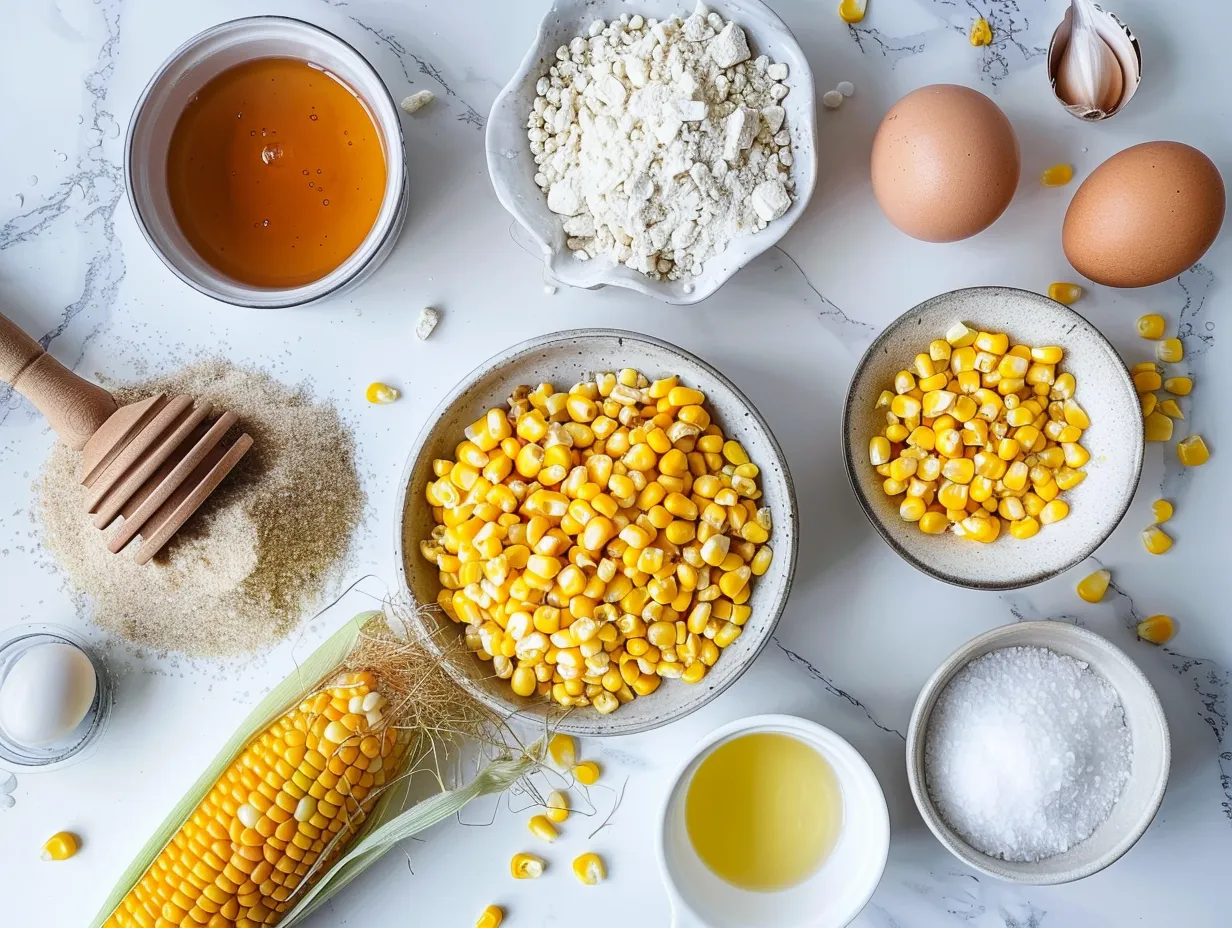 Raw ingredients for honey-glazed corn casserole, including cans of corn, sour cream, butter, honey, eggs, cornmeal, flour, baking powder, salt, and pepper.