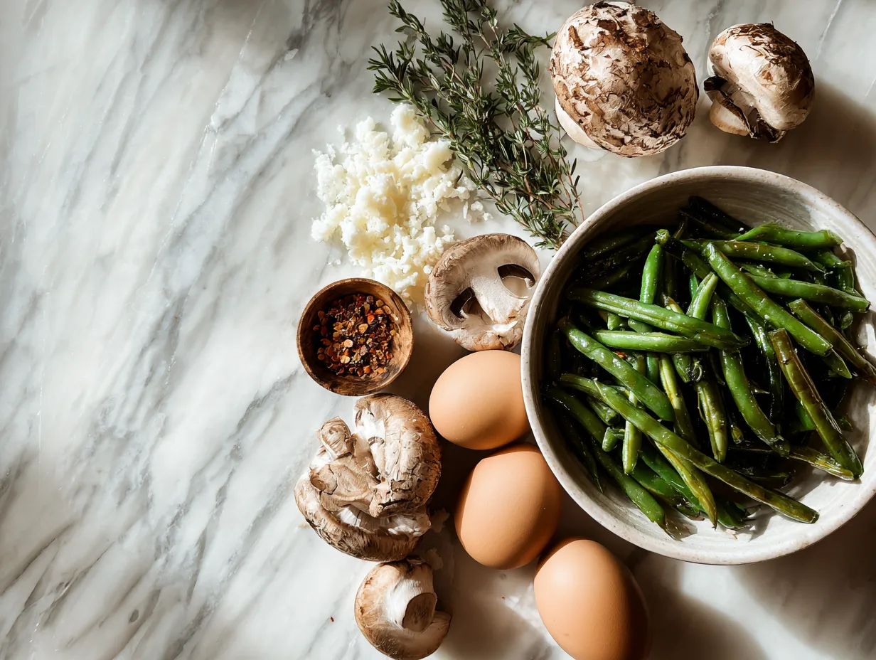 Ingredients for making loaded green bean casserole, including canned green beans, cream of mushroom soup, milk, soy sauce, pepper, cheddar cheese, bacon, and french fried onions.
