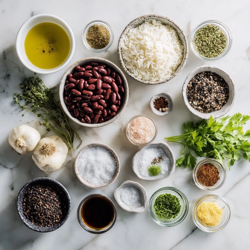 Ingredients for one-pot red beans and rice, including kidney beans, sausage, and spices.