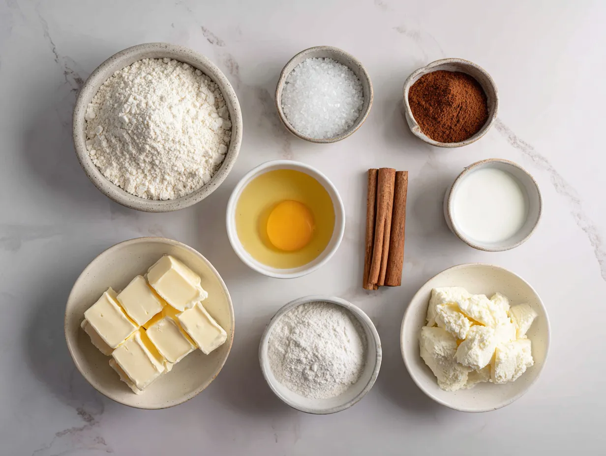 Raw ingredients for making Puff Pastry Brie Bites including brie cheese, puff pastry, fruit preserves, and optional toppings.