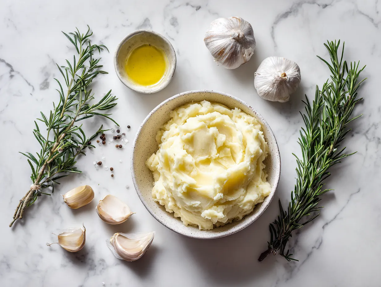 Ingredients for Rosemary Garlic Mashed Potatoes: Yukon Gold potatoes, garlic, rosemary, heavy cream, butter, salt, and pepper.