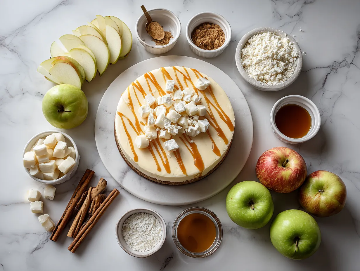 Raw ingredients needed to make salted caramel apple pie cheesecake including apples, cream cheese, butter, sugar, graham crackers, and spices