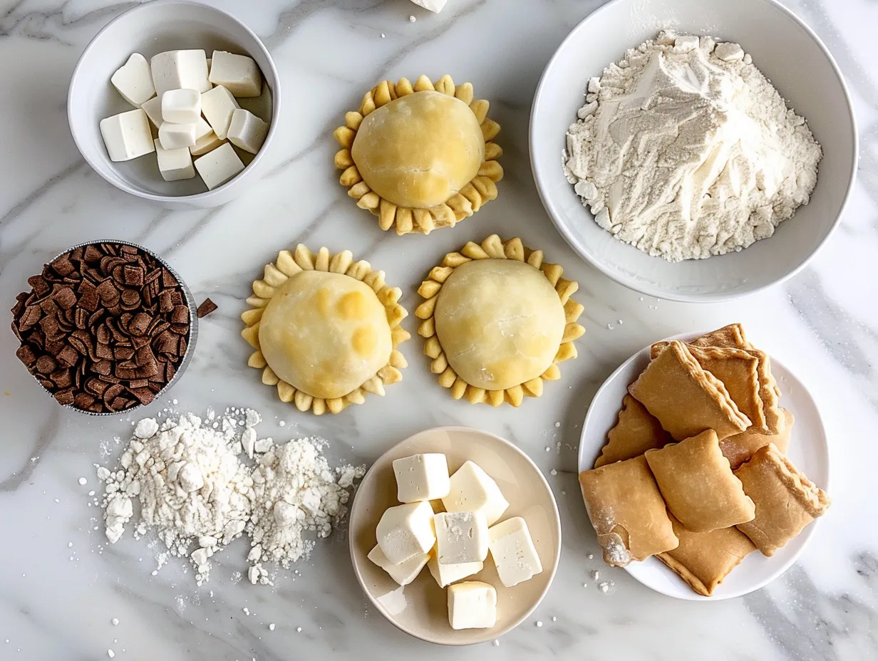 Ingredients for making Smores Hand Pies including pie crust, marshmallows, chocolate chips, and graham cracker crumbs.