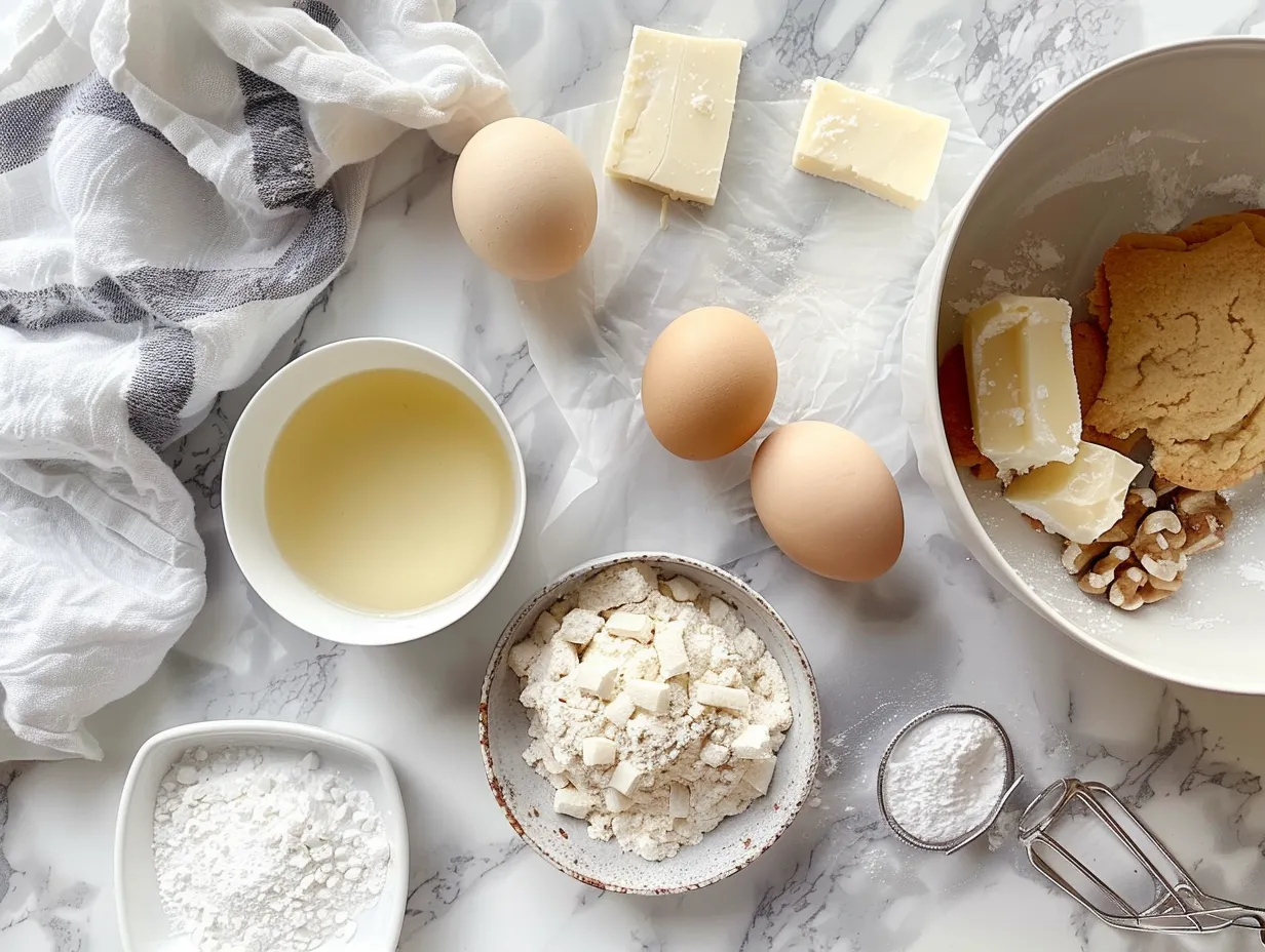 A variety of raw ingredients including butter, sugar, eggs, and flour needed to make soft sugar cookies.