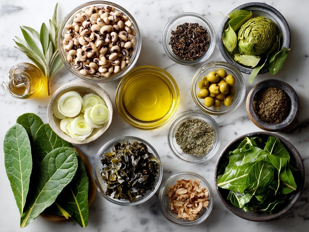 A spread of the raw ingredients for Southern Black-Eyed Peas with Collard Greens, including black-eyed peas, onion, garlic, ham hock, spices, collard greens, and broth.