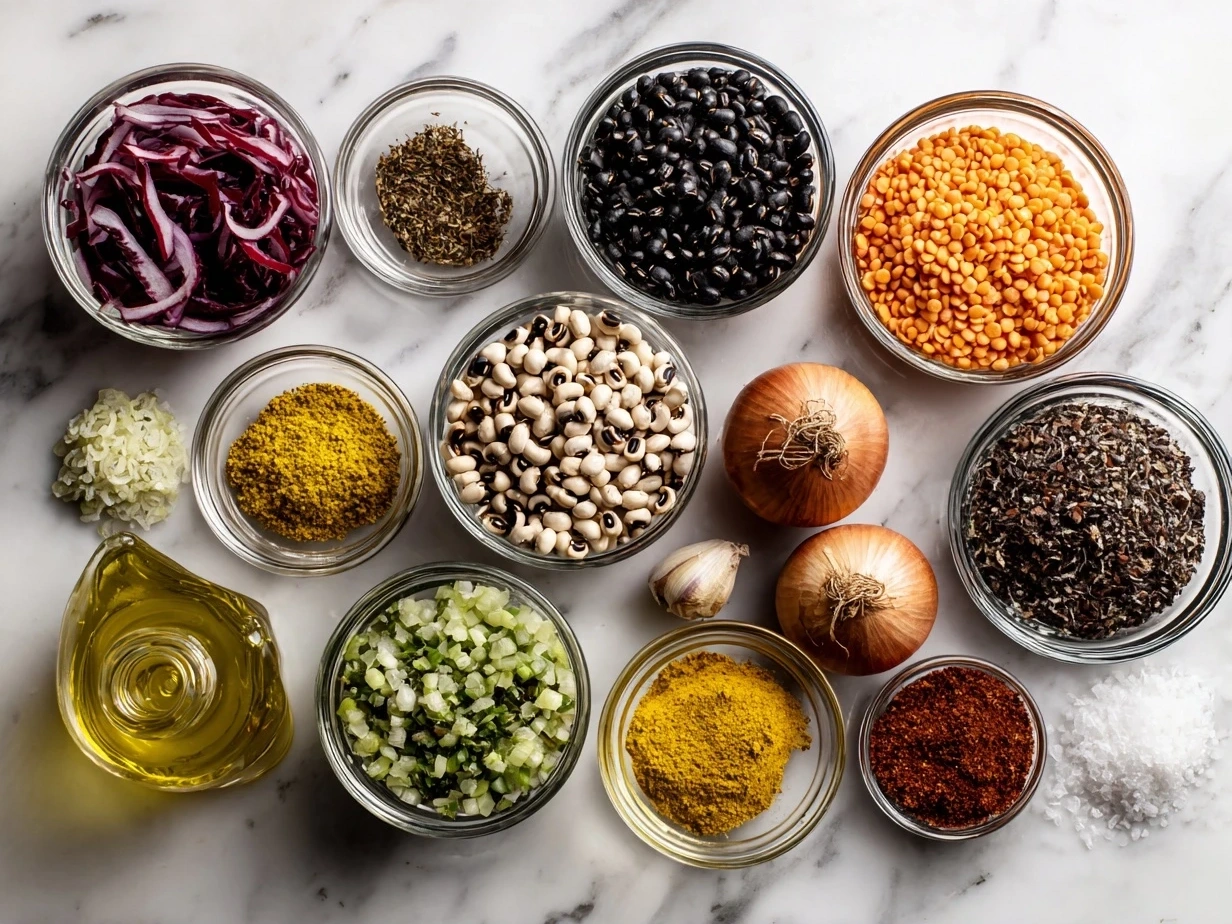 Raw ingredients for making Southern-Style Black-Eyed Peas including dried black-eyed peas, chicken broth, ham hock, onion, garlic, and spices.