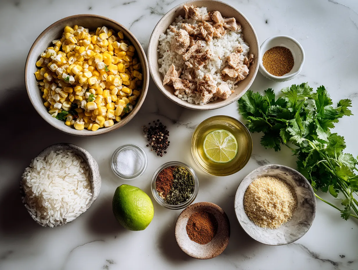 Ingredients for Spicy Mexican Street Corn Chicken Rice Bowl laid out on a white marble surface