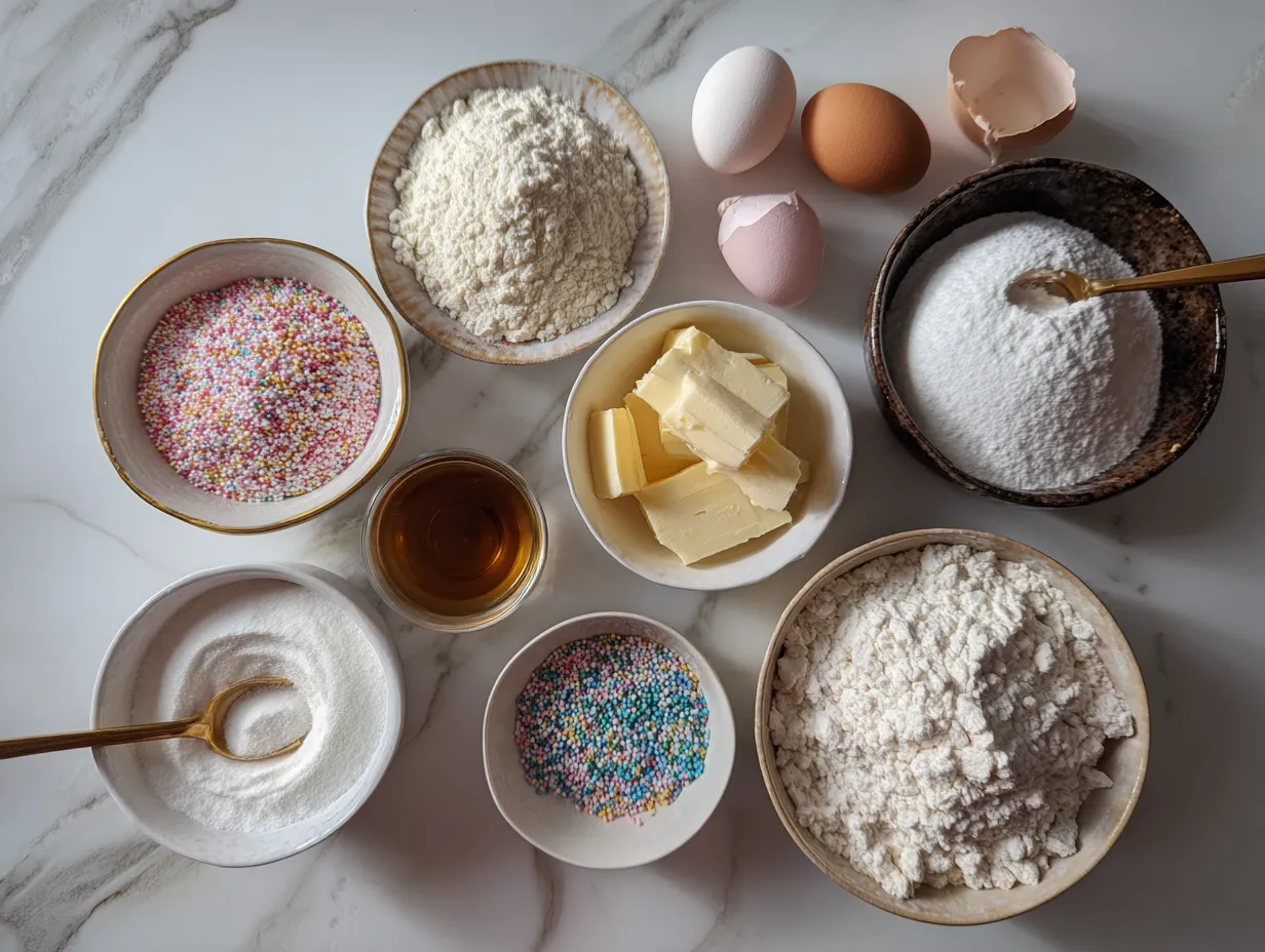 Raw ingredients for sugar cookies, including flour, sugar, butter, eggs, and vanilla extract, arranged on a marble surface.