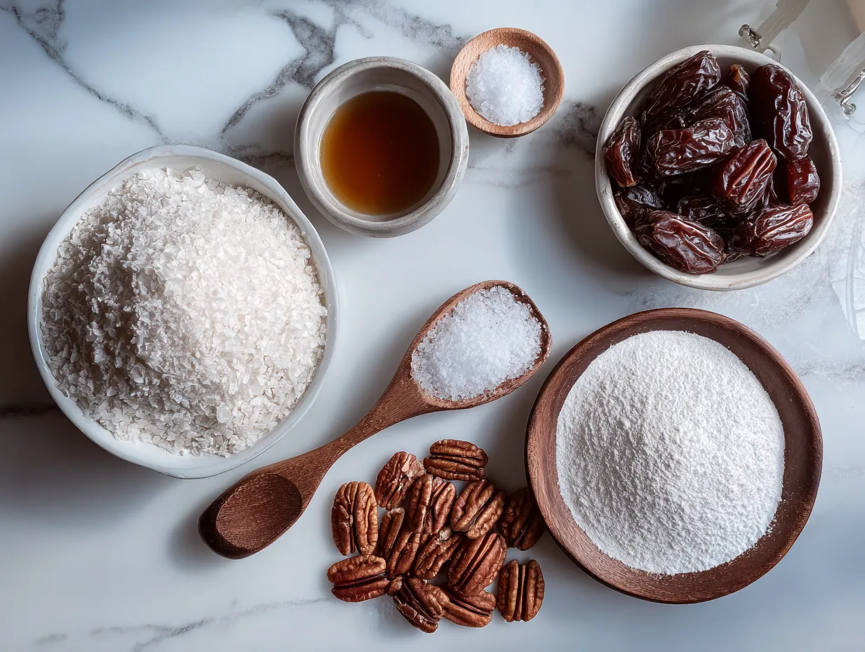 Ingredients for Texas Trash Pie, including graham cracker crust, pecans, chocolate chips, coconut, butterscotch chips, caramel bits, sweetened condensed milk, and butter.
