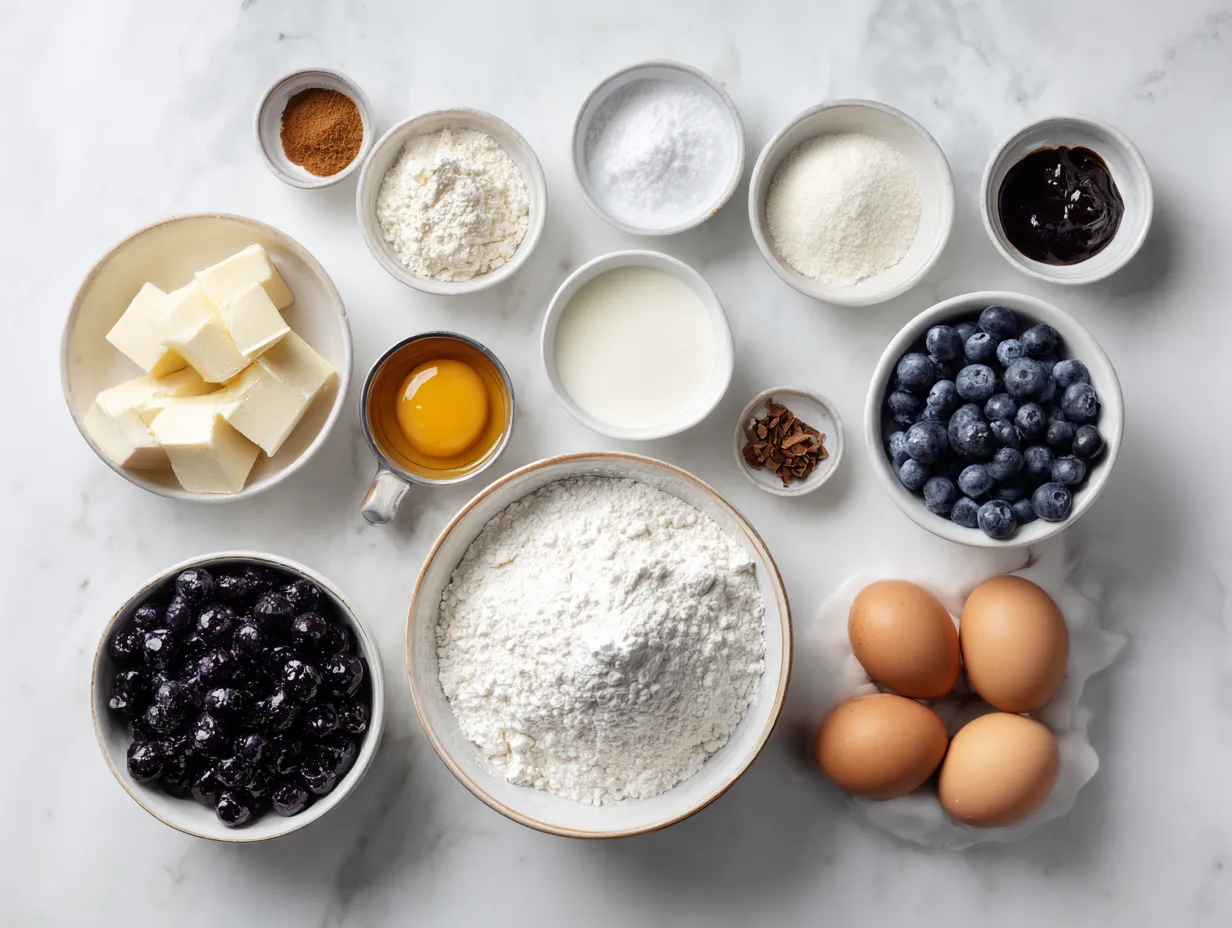Ingredients for making white chocolate blueberry cheesecake