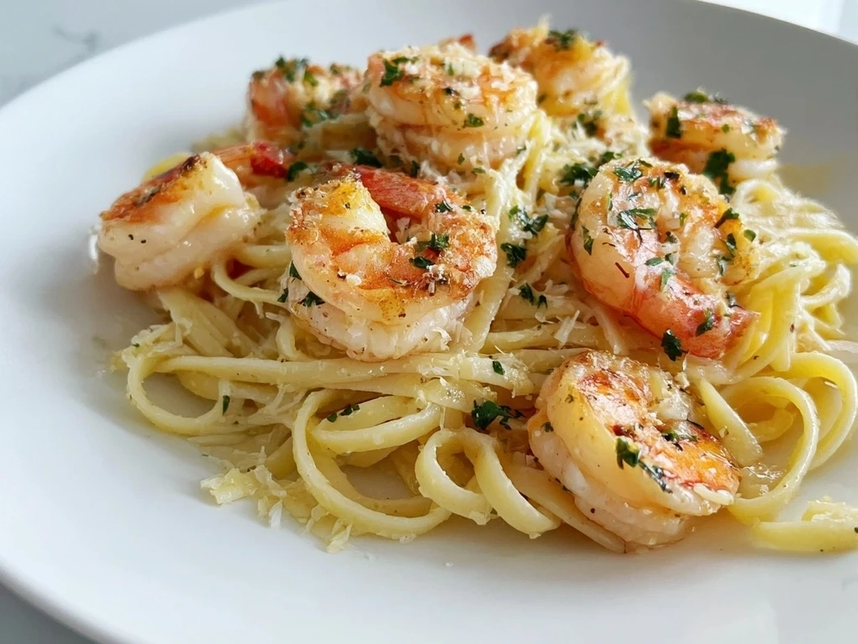 Final Shrimp Linguine Recipe presentation in bowl with parsley and parmesan cheese.