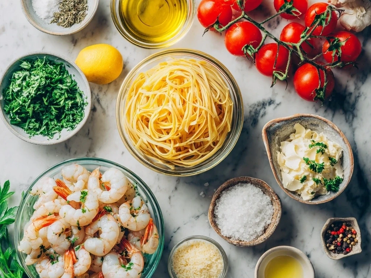 Ingredients for shrimp linguine recipe including linguine, shrimp, butter, garlic, wine, cream, parmesan, lemon, parsley, salt, pepper and red pepper flakes.