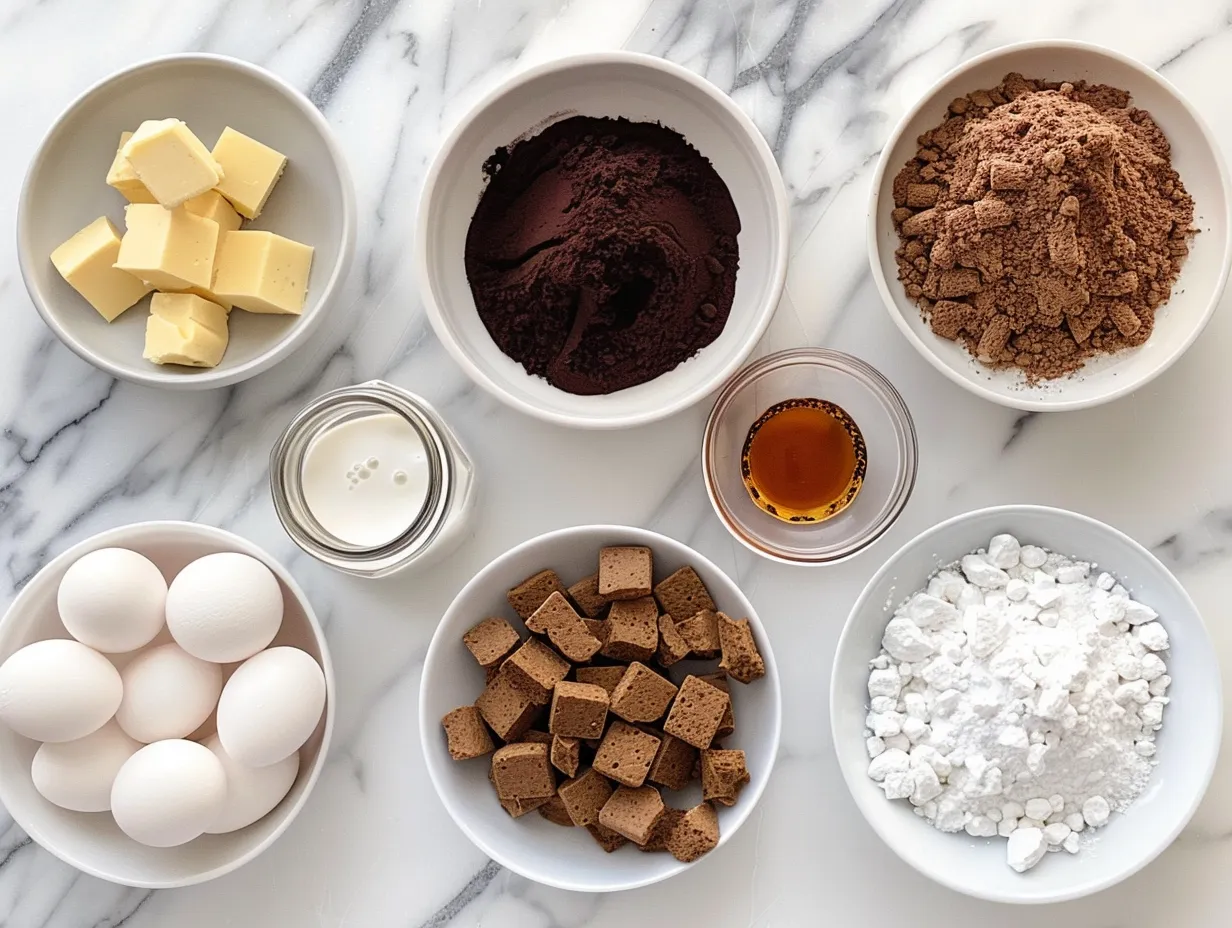 Ingredients for making smores pie: graham crackers, butter, sugar, condensed milk, cream, chocolate chips, marshmallows and more